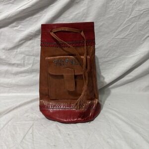 Vintage Cyprus Tourist Leather Drawstring Wrist Bag Handbag Wristlet Purse Tote